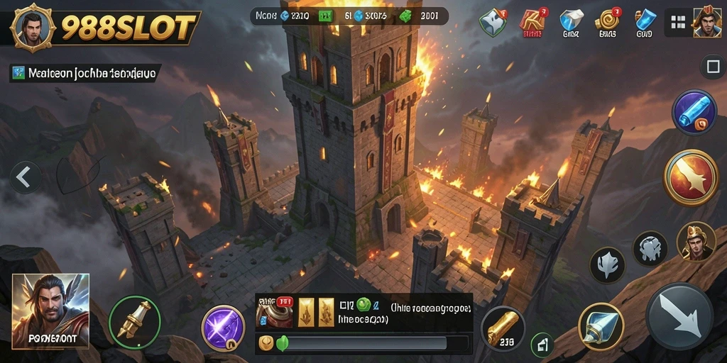 Tampilan layar permainan 988SLOT menampilkan aksi Tower Defense yang intens.