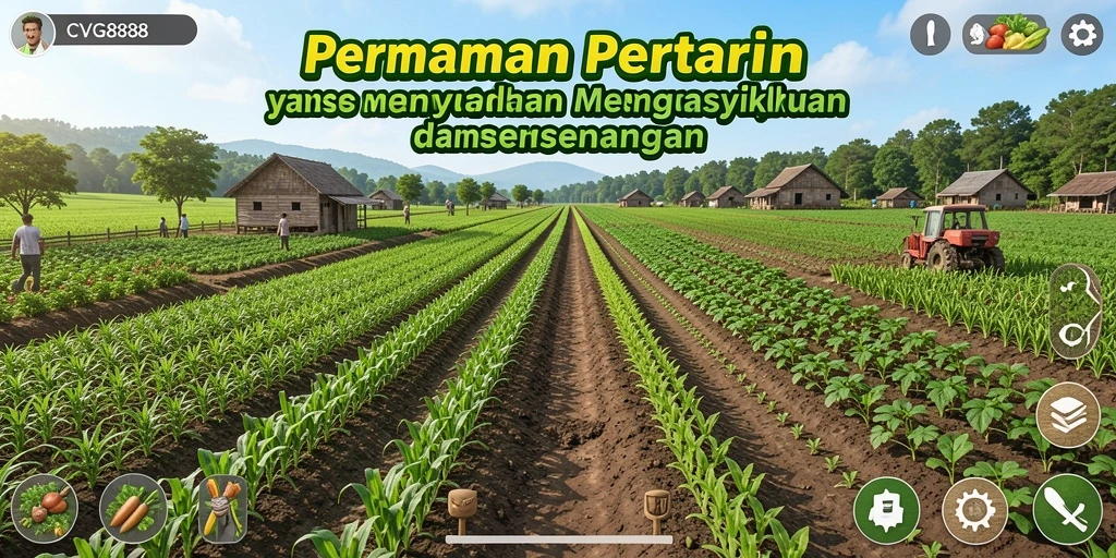 Screenshot gameplay CVG8888 menampilkan suasana pertanian yang cerah dan penuh warna.
