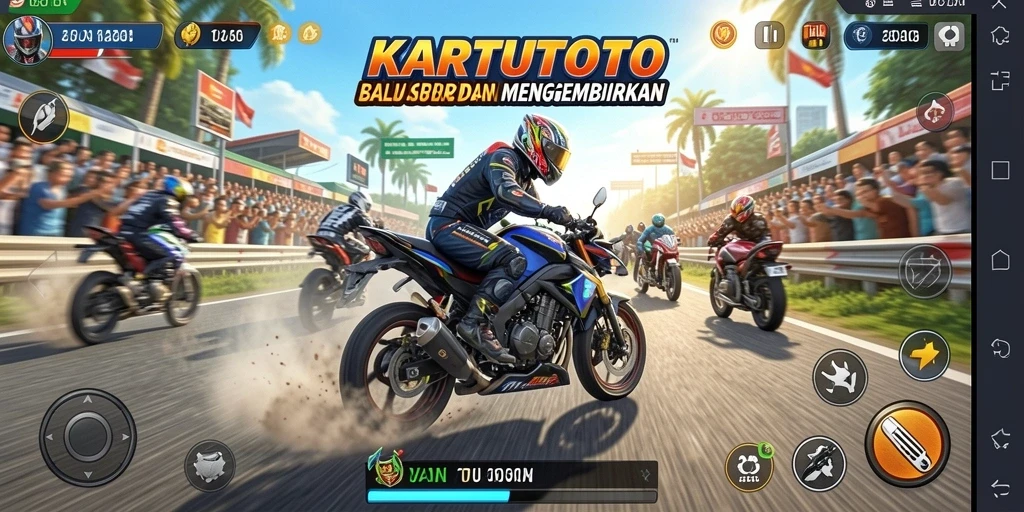 Screenshot gameplay <strong>KARTUTOTO</strong> menampilkan aksi balap motor yang mendebarkan.