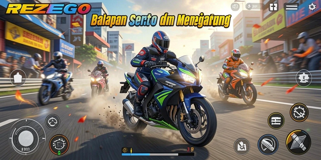 Screenshot gameplay seru dari REZEGO yang menampilkan balapan motor yang mendebarkan.